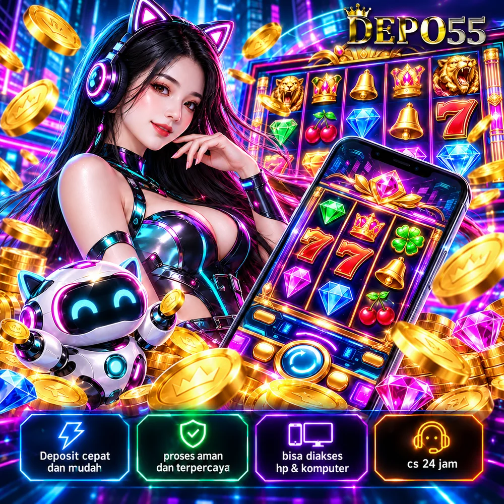 Poster ilustrasi DEPO55 bertema permainan digital dan visual neon, ditampilkan utuh